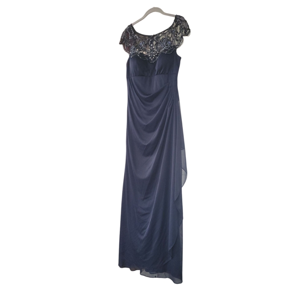 Xscape Navy Beaded Illusion Cap Sleeve Ruched Mother of Bride Formal Gown 6 - Picture 7 of 15